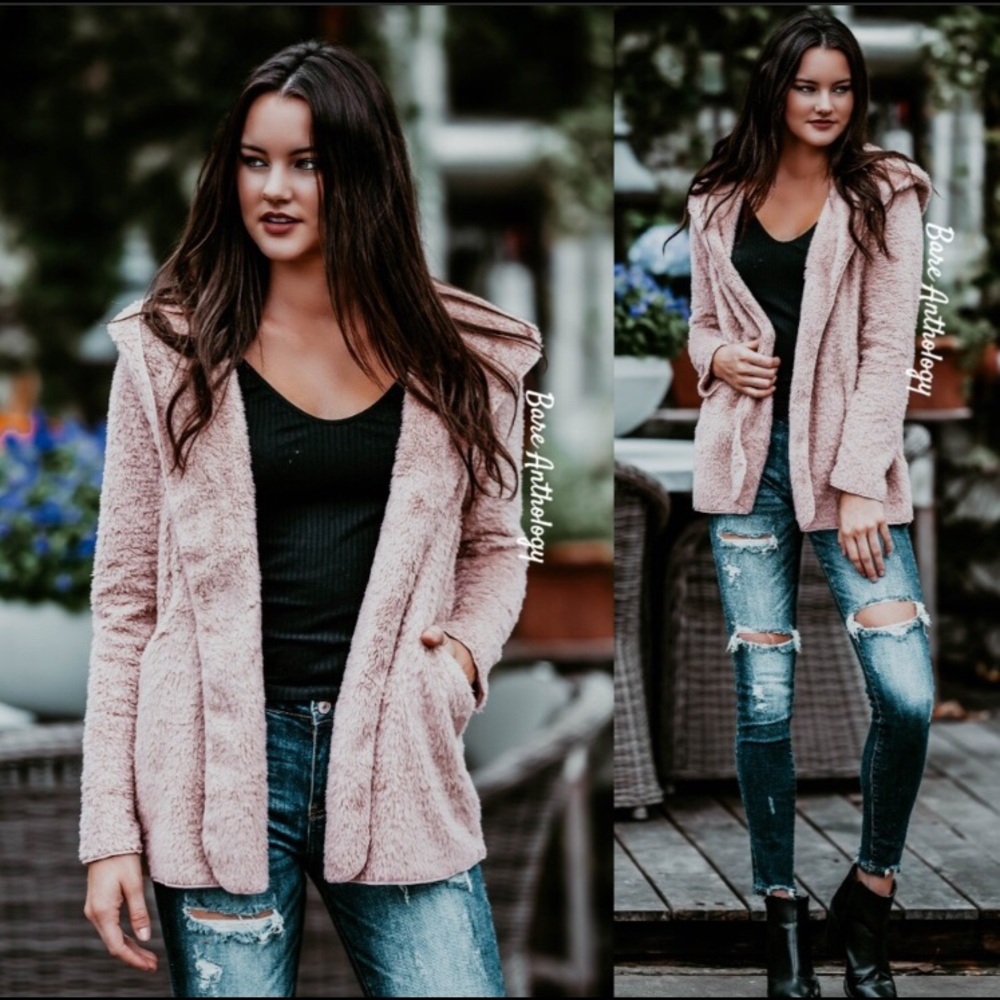 Fuzzy Pink Hooded Jacket Cardigan